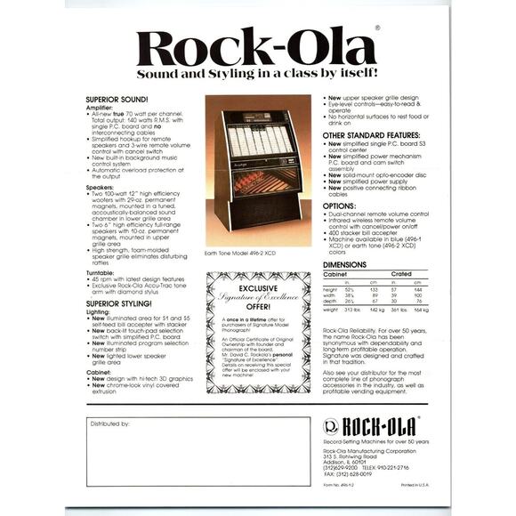 Rock-Ola 496-1 Sea View Jukebox FLYER Vintage Phonograph Music 2 Sided 8.5" x 11 - Picture 2 of 2